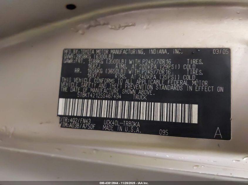 2005 Toyota Tundra Base V8 VIN: 5TBKT42125S467494 Lot: 43813944