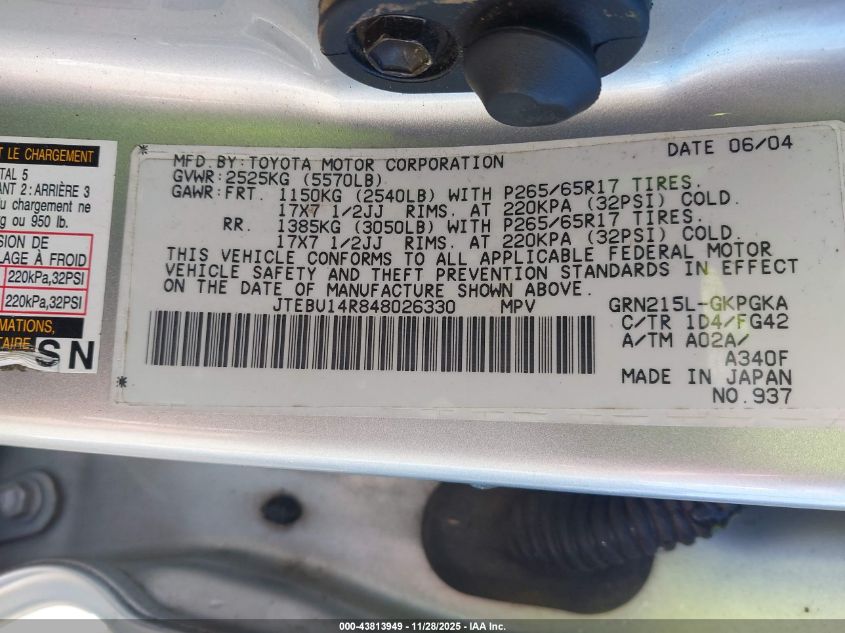 2004 Toyota 4Runner Sr5 V6 VIN: JTEBU14R848026330 Lot: 43813949