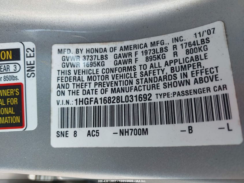 2008 Honda Civic Ex VIN: 1HGFA16828L031692 Lot: 43813951