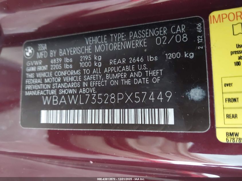 2008 BMW 335I VIN: WBAWL73528PX57449 Lot: 43813970
