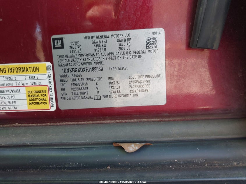 2015 Chevrolet Traverse 1Lt VIN: 1GNKRGKDXFJ189869 Lot: 43813995