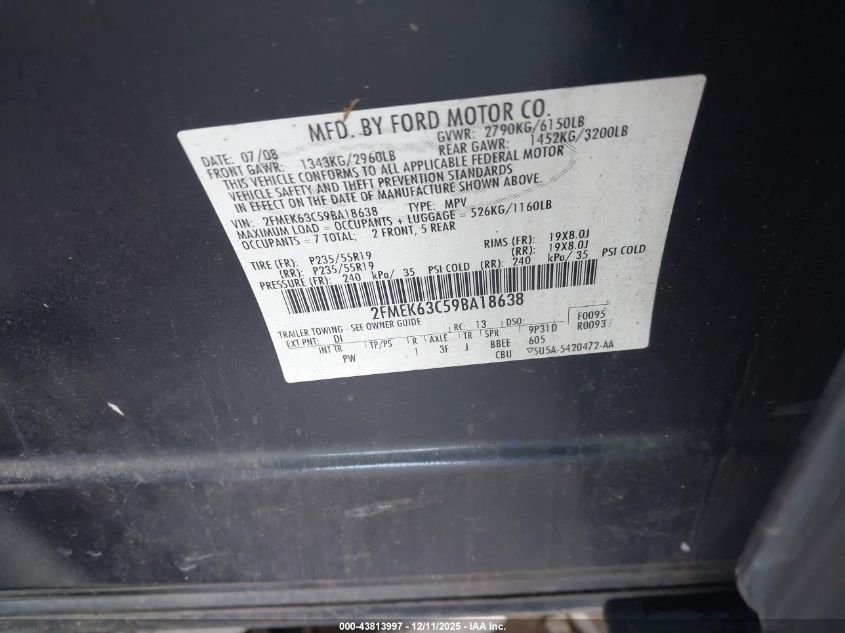 2009 Ford Flex Limited VIN: 2FMEK63C59BA18638 Lot: 43813997