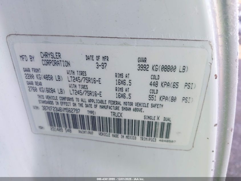 1997 Dodge Ram 2500 St VIN: 3B7KF23W6VM562797 Lot: 43813999