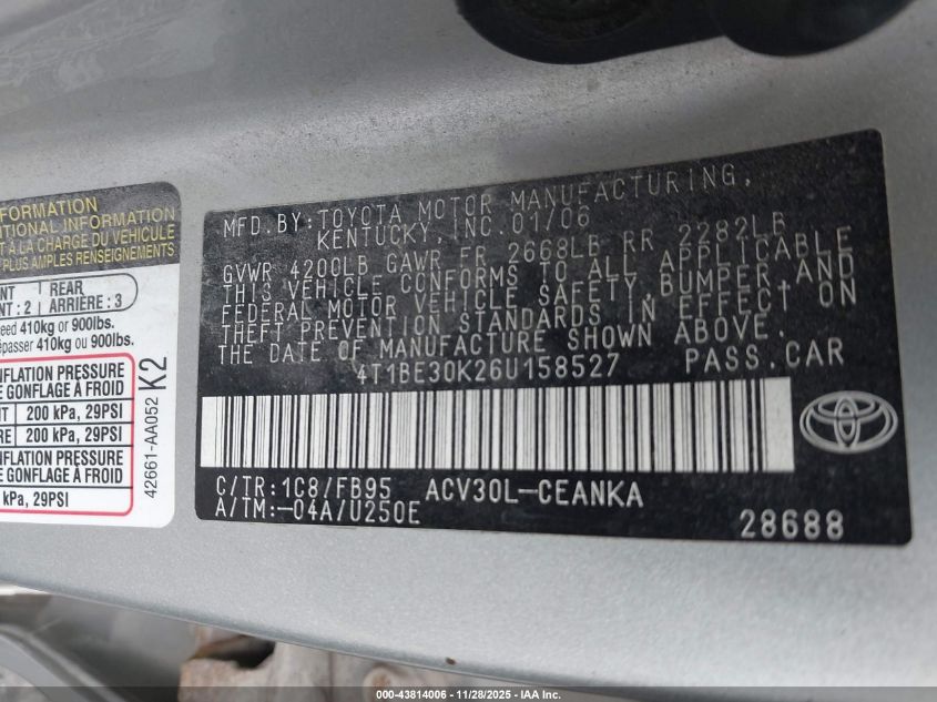 2006 Toyota Camry Le VIN: 4T1BE30K26U158527 Lot: 43814006