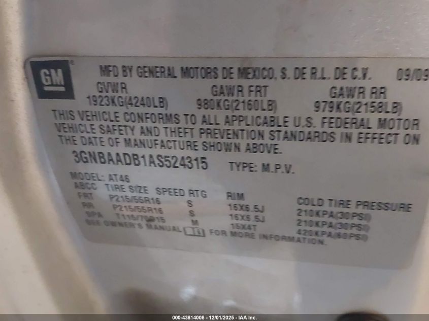 2010 Chevrolet Hhr Ls VIN: 3GNBAADB1AS524315 Lot: 43814008