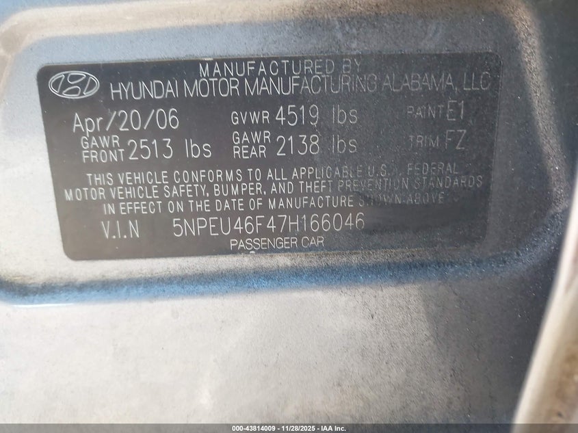 2007 Hyundai Sonata Limited/Se V6 VIN: 5NPEU46F47H166046 Lot: 43814009