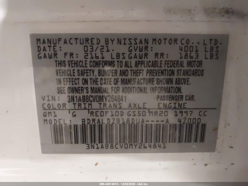 2021 Nissan Sentra Sv Xtronic Cvt VIN: 3N1AB8CV0MY264841 Lot: 43814013