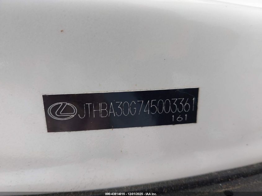 2004 Lexus Es 330 VIN: JTHBA30G745003361 Lot: 43814015