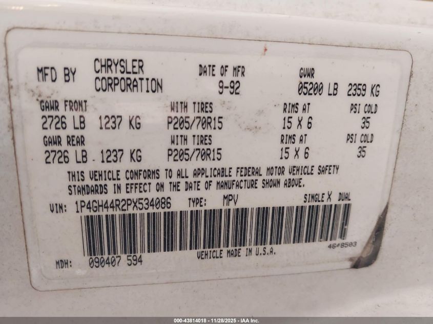 1993 Plymouth Grand Voyager Se VIN: 1P4GH44R2PX534086 Lot: 43814018