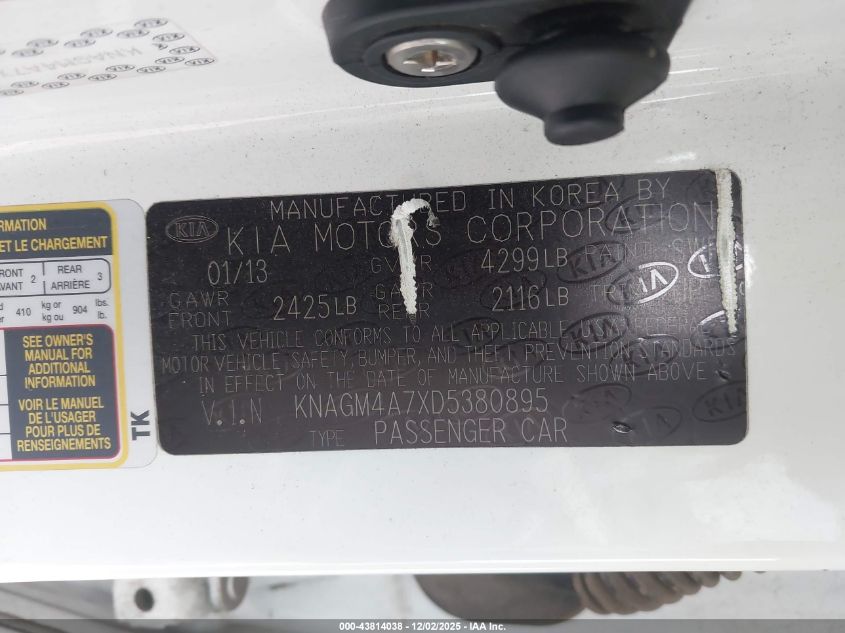 2013 Kia Optima Lx VIN: KNAGM4A7XD5380895 Lot: 43814038