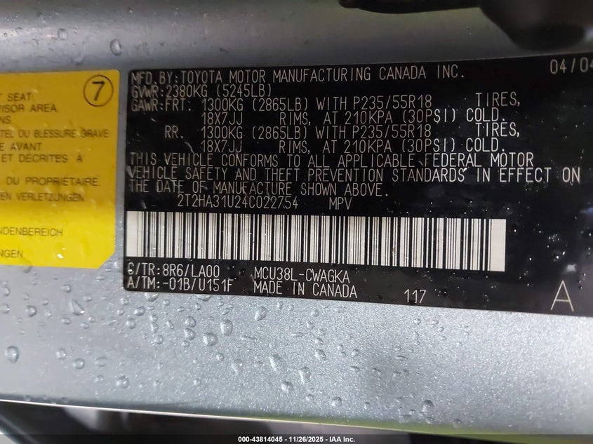 2004 Lexus Rx 330 VIN: 2T2HA31U24C022754 Lot: 43814045