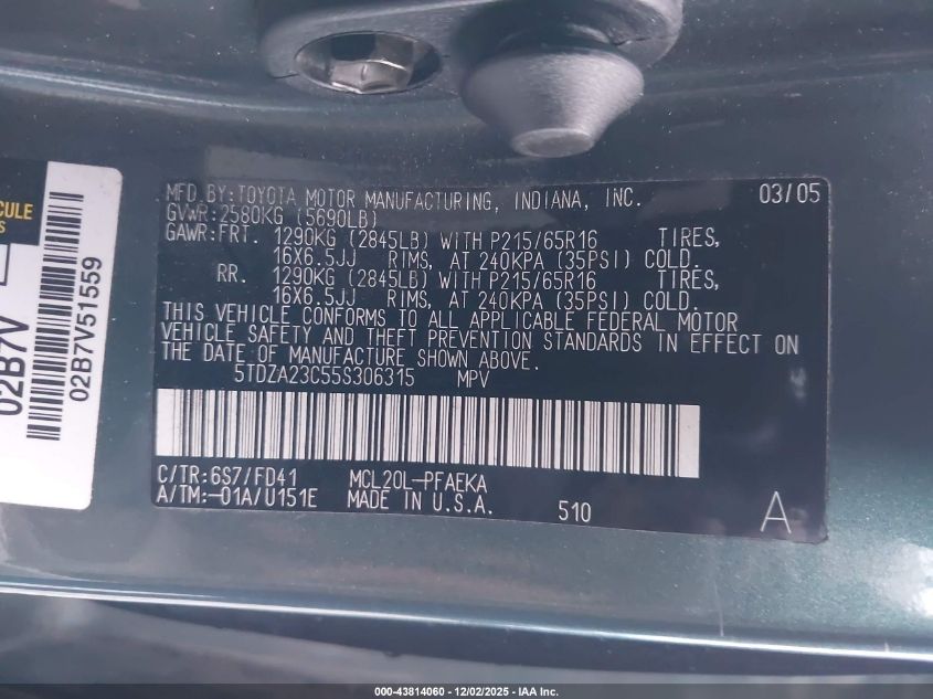 2005 Toyota Sienna Ce VIN: 5TDZA23C55S306315 Lot: 43814060