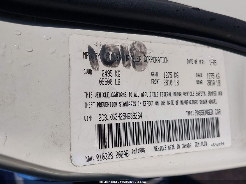 2005 Chrysler 300C VIN: 2C3JK63H25H639264 Lot: 43814061