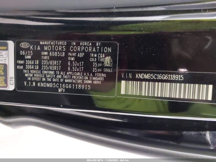 2016 Kia Sedona Lx VIN: KNDMB5C16G6118915 Lot: 43814074