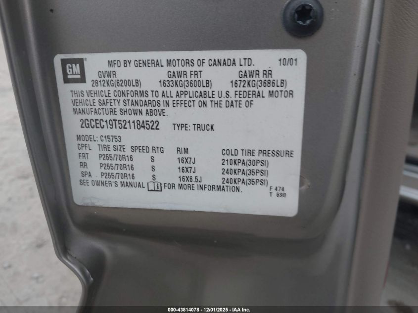 2002 Chevrolet Silverado 1500 Ls VIN: 2GCEC19T521184522 Lot: 43814078