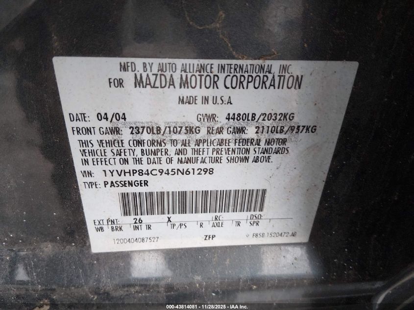 2004 Mazda Mazda6 I VIN: 1YVHP84C945N61298 Lot: 43814081