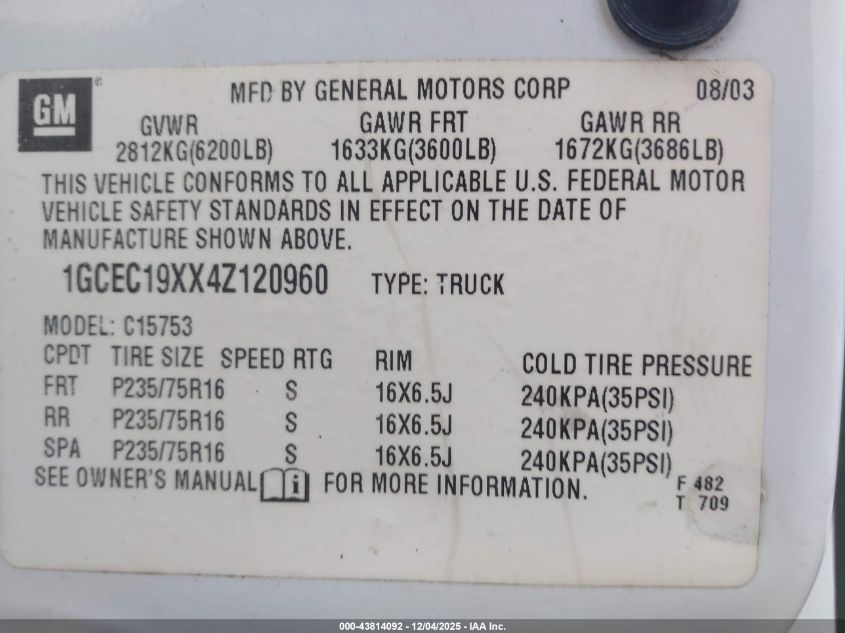 2004 Chevrolet Silverado 1500 Work Truck VIN: 1GCEC19XX4Z120960 Lot: 43814092