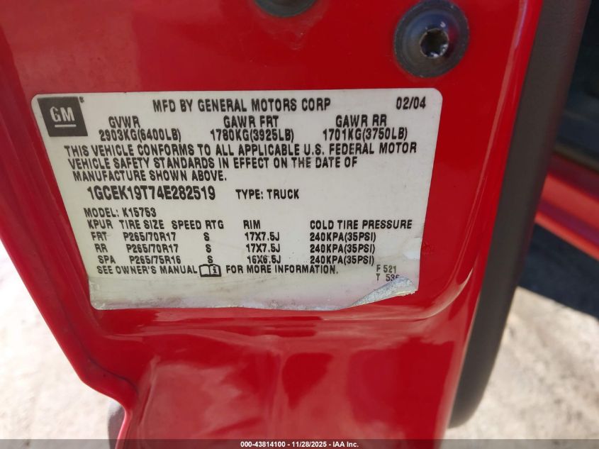 2004 Chevrolet Silverado 1500 Z71 VIN: 1GCEK19T74E282519 Lot: 43814100