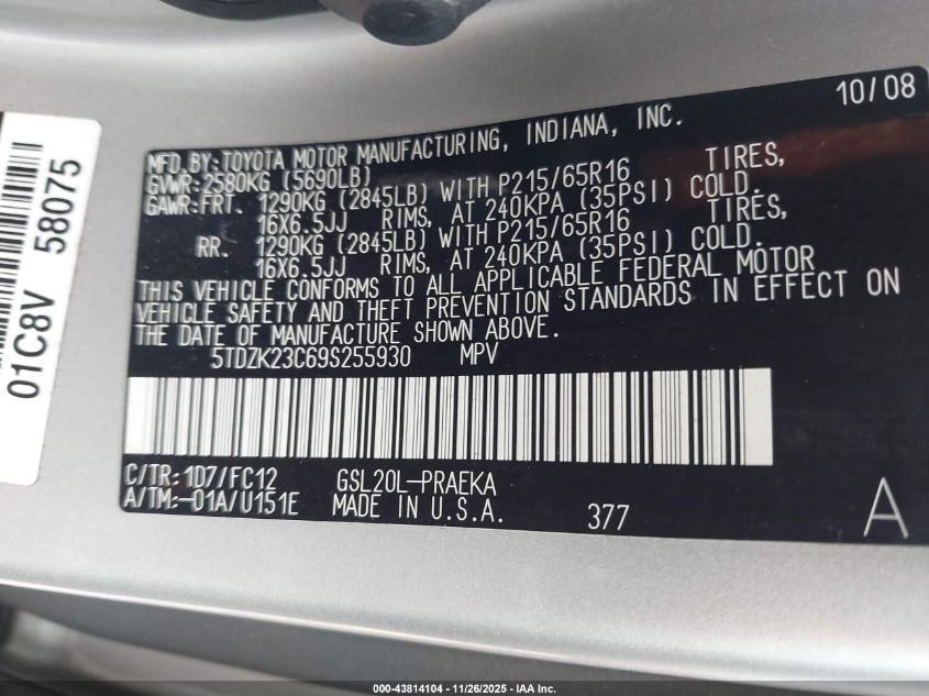 2009 Toyota Sienna Le VIN: 5TDZK23C69S255930 Lot: 43814104