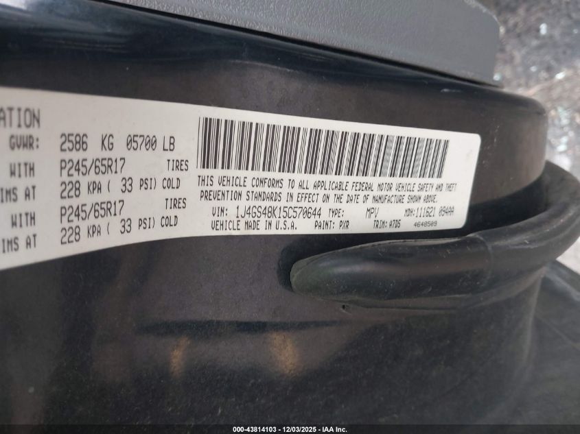 2005 Jeep Grand Cherokee Laredo VIN: 1J4GS48K15C570644 Lot: 43814103