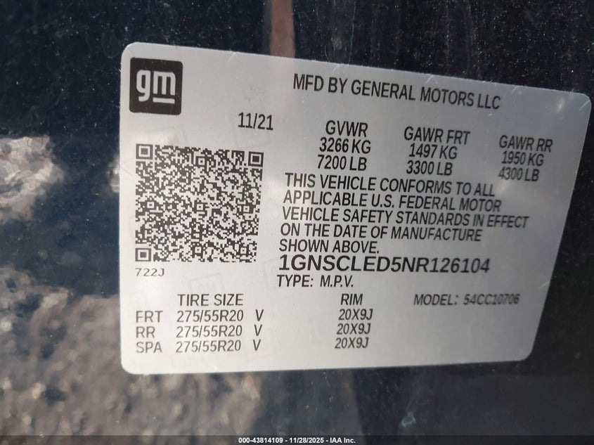 2022 Chevrolet Tahoe 2Wd Commercial Fleet VIN: 1GNSCLED5NR126104 Lot: 43814109