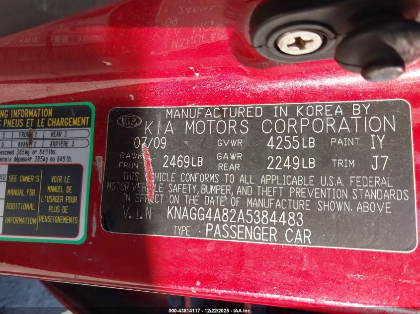 2010 Kia Optima Lx VIN: KNAGG4A82A5384483 Lot: 43814117