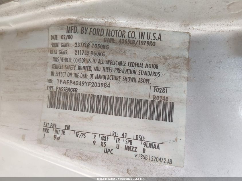 2000 Ford Mustang VIN: 1FAFP4049YF203984 Lot: 43814131