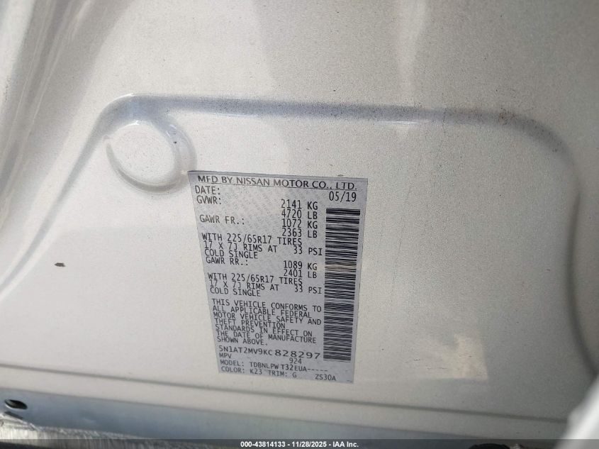 2019 Nissan Rogue S VIN: 5N1AT2MV9KC828297 Lot: 43814133