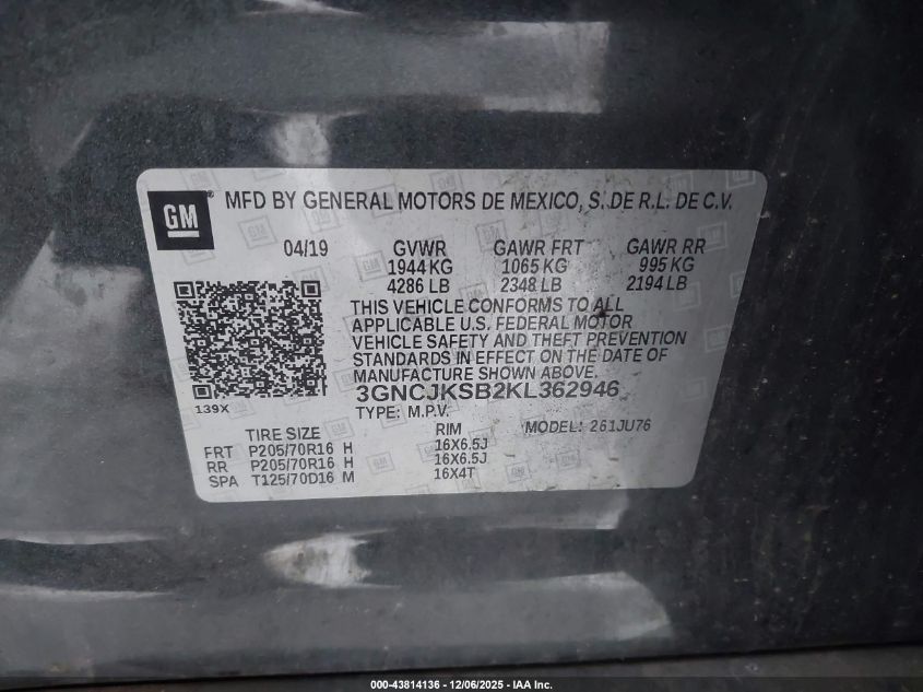 2019 Chevrolet Trax Ls VIN: 3GNCJKSB2KL362946 Lot: 43814136