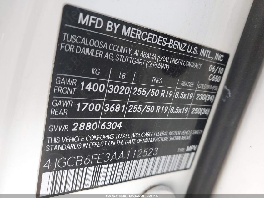 2010 Mercedes-Benz R 350 4Matic VIN: 4JGCB6FE3AA112523 Lot: 43814138