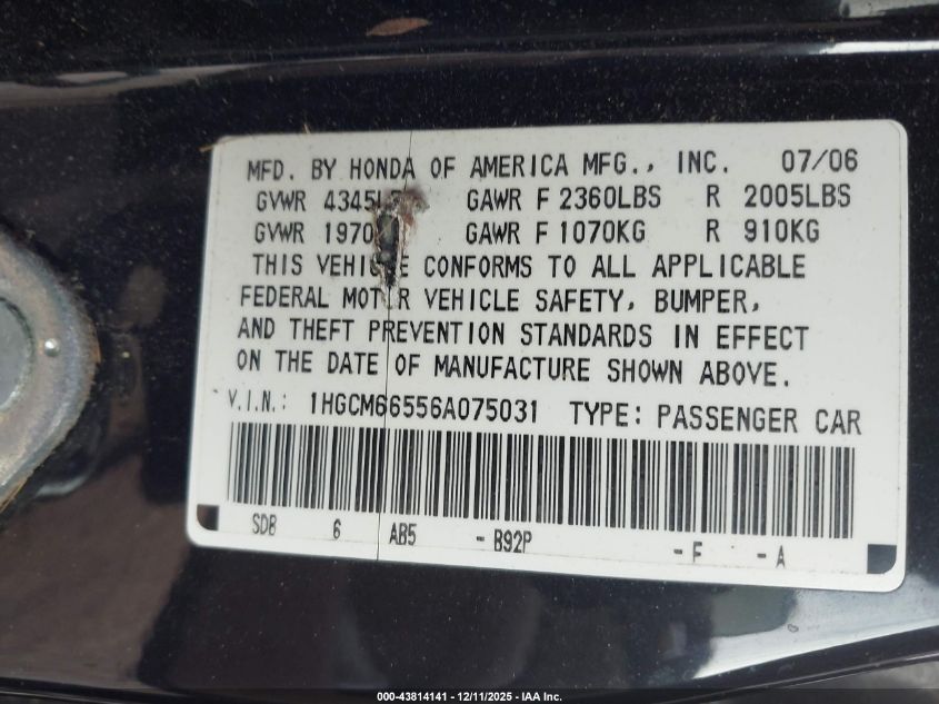 2006 Honda Accord 3.0 Ex VIN: 1HGCM66556A075031 Lot: 43814141