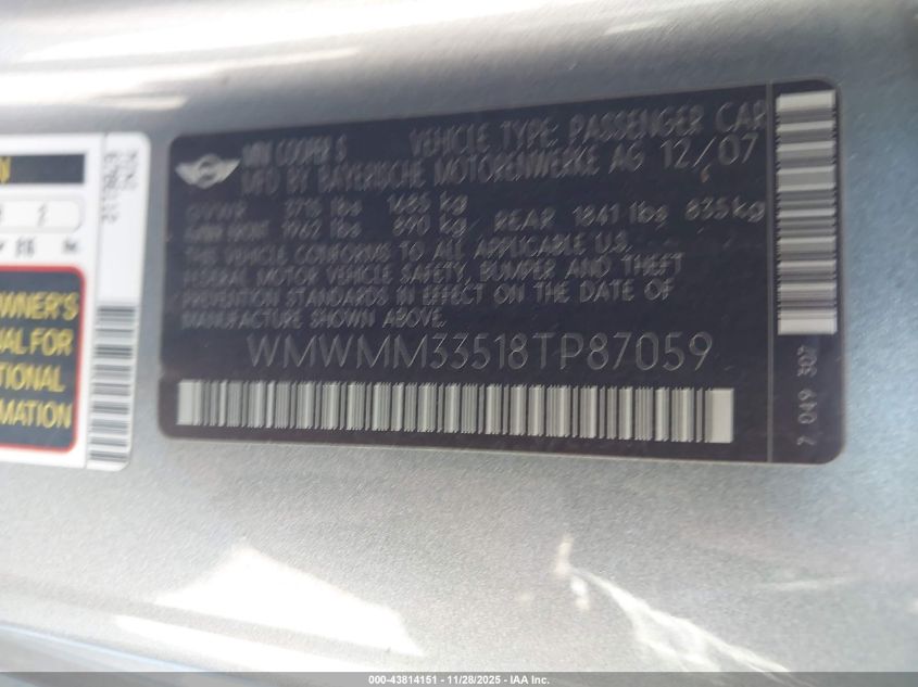 2008 Mini Cooper S Clubman VIN: WMWMM33518TP87059 Lot: 43814151