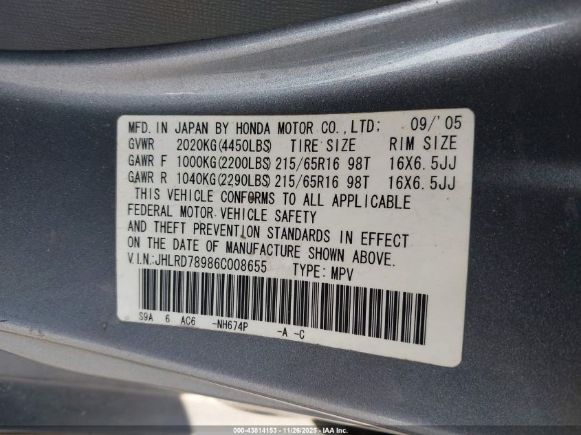 2006 Honda Cr-V Se VIN: JHLRD78986C008655 Lot: 43814153