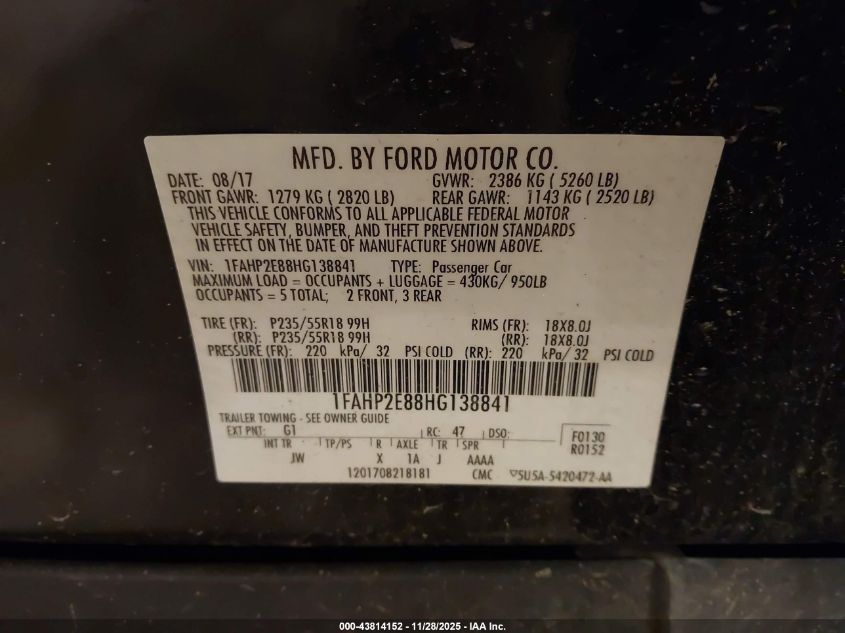 2017 Ford Taurus Sel VIN: 1FAHP2E88HG138841 Lot: 43814152