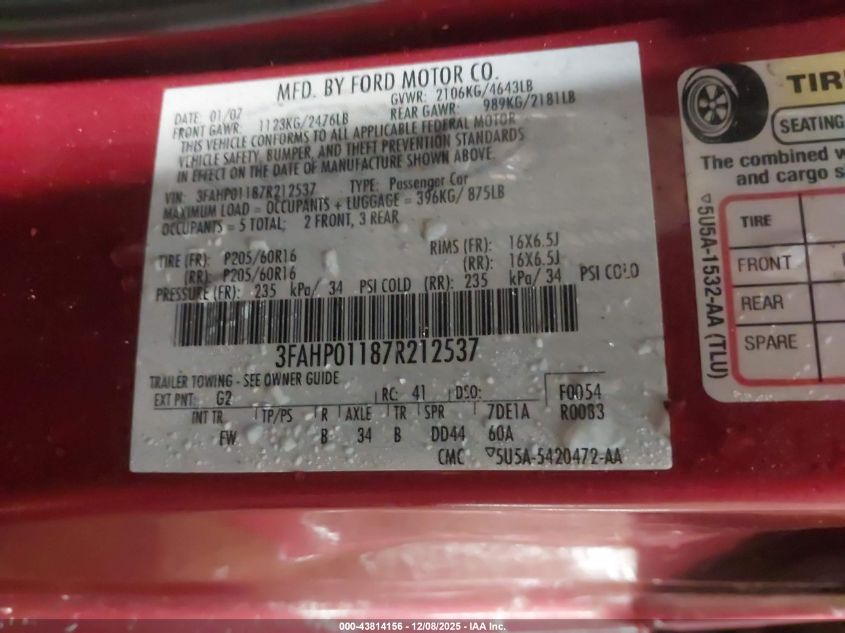 2007 Ford Fusion Se VIN: 3FAHP01187R212537 Lot: 43814156