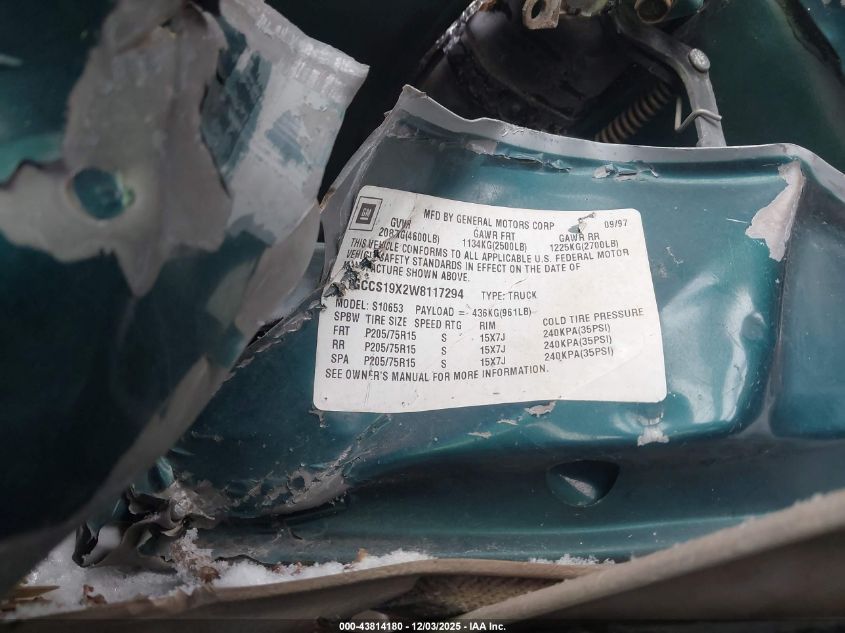 1998 Chevrolet S-10 Ls Fleetside VIN: 1GCCS19X2W8117294 Lot: 43814180