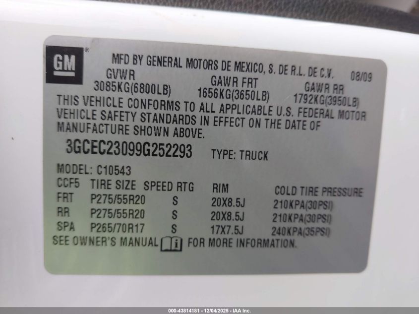 2009 Chevrolet Silverado 1500 Lt VIN: 3GCEC23099G252293 Lot: 43814181