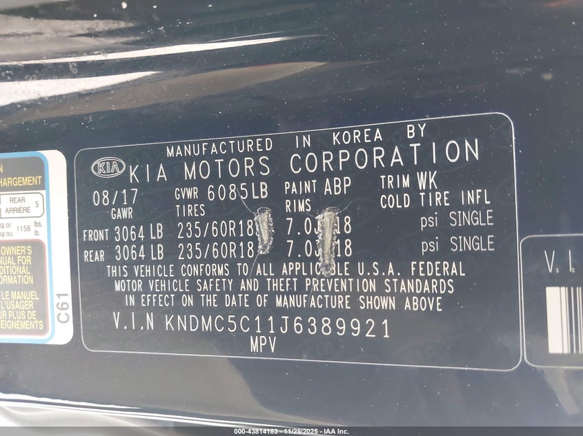 2018 Kia Sedona Sx VIN: KNDMC5C11J6389921 Lot: 43814183
