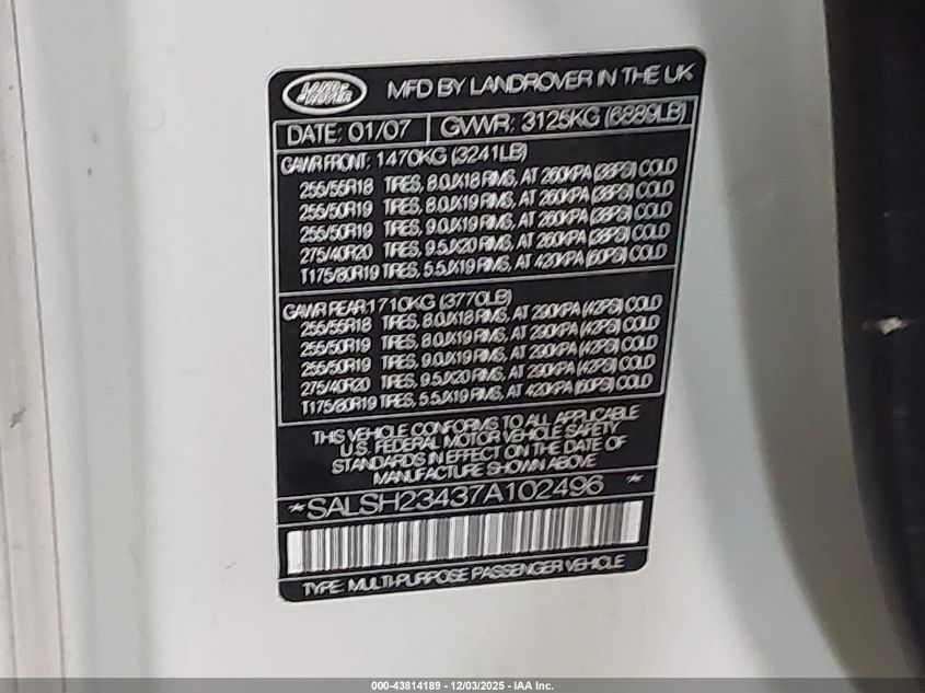 2007 Land Rover Range Rover Sport Supercharged VIN: SALSH23437A102496 Lot: 43814189