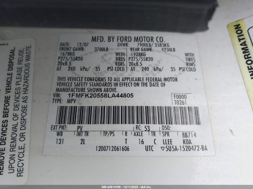 2008 Ford Expedition El Limited VIN: 1FMFK20558LA44805 Lot: 43814199