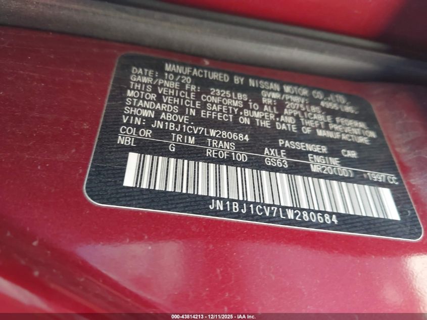 2020 Nissan Rogue Sport S Fwd Xtronic Cvt VIN: JN1BJ1CV7LW280684 Lot: 43814213