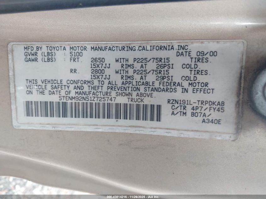 2001 Toyota Tacoma Prerunner VIN: 5TENM92N51Z725747 Lot: 43814216