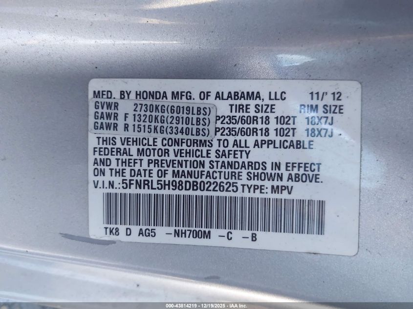 2013 Honda Odyssey Touring/Touring Elite VIN: 5FNRL5H98DB022625 Lot: 43814219