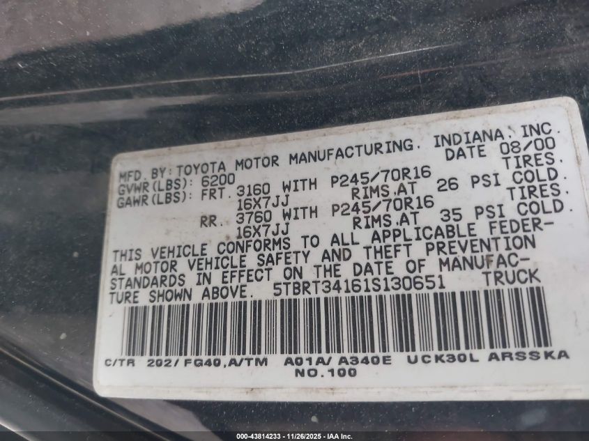 2001 Toyota Tundra Sr5 V8 VIN: 5TBRT34161S130651 Lot: 43814233