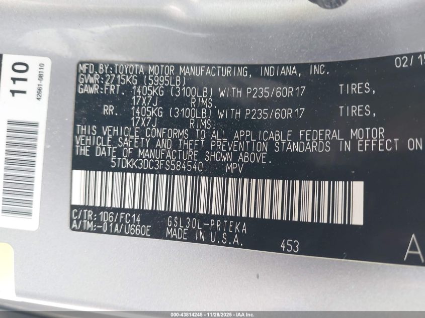 2015 Toyota Sienna Le 8 Passenger VIN: 5TDKK3DC3FS584540 Lot: 43814245