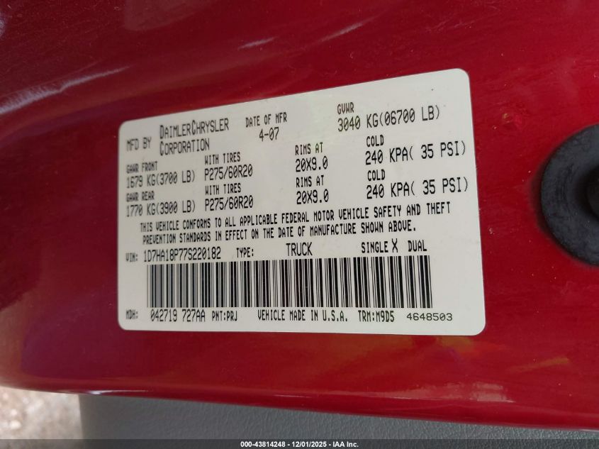 2007 Dodge Ram 1500 Slt VIN: 1D7HA18P77S220182 Lot: 43814248