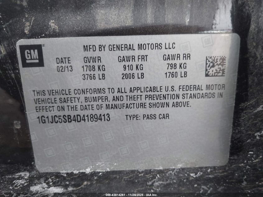 2013 Chevrolet Sonic Lt Auto VIN: 1G1JC5SB4D4189413 Lot: 43814261