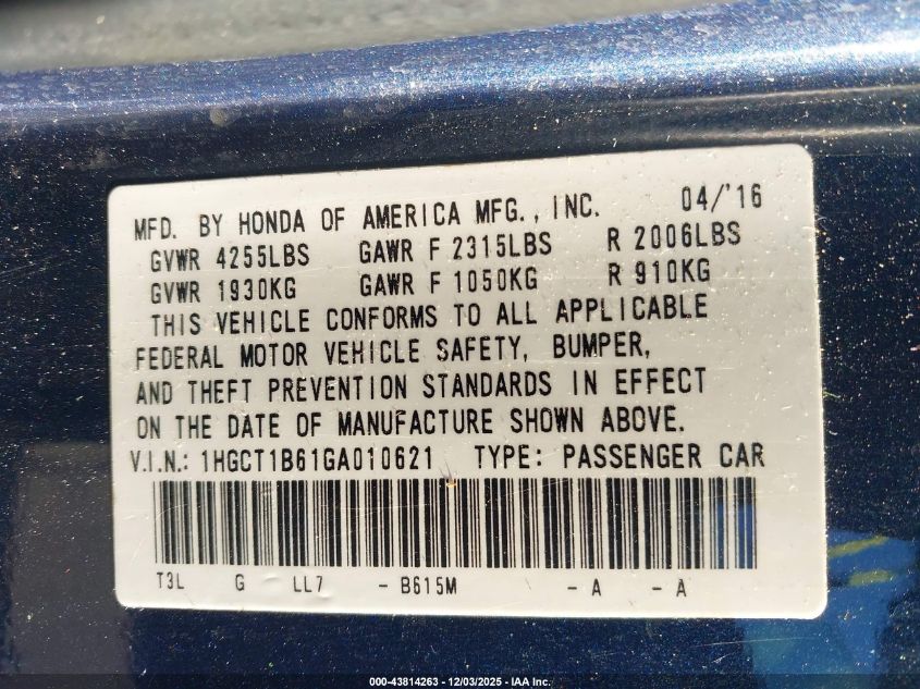 2016 Honda Accord Ex-L VIN: 1HGCT1B61GA010621 Lot: 43814263