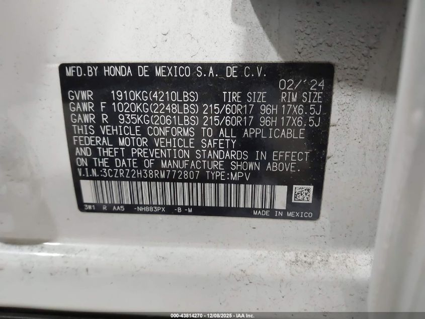 2024 Honda Hr-V Awd Lx VIN: 3CZRZ2H38RM772807 Lot: 43814270
