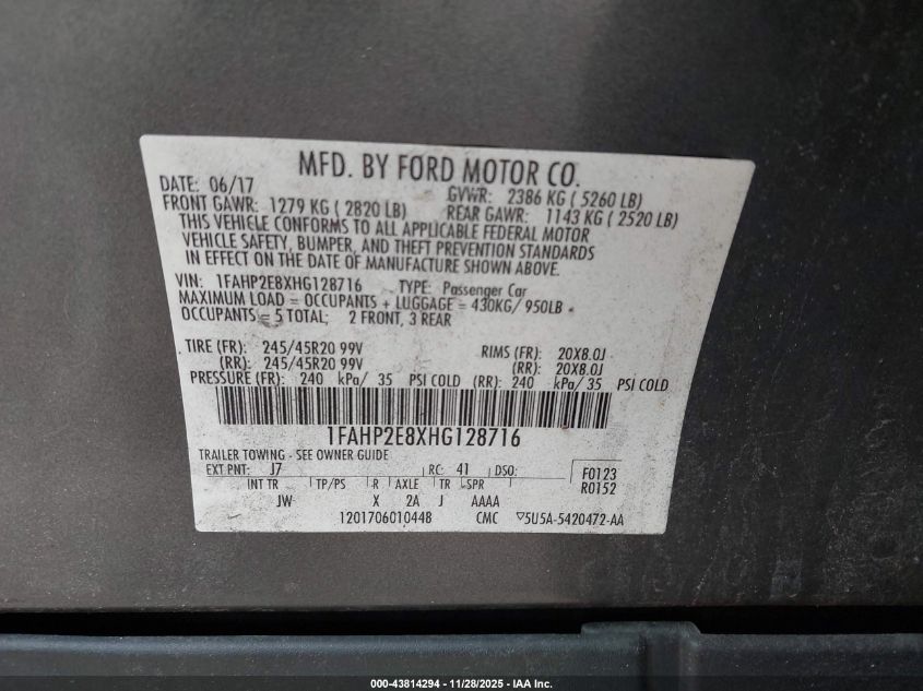 2017 Ford Taurus Sel VIN: 1FAHP2E8XHG128716 Lot: 43814294